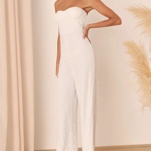 NWT Lulu’s Eternal Perfection White Lace Strapless Bustier Jumpsuit